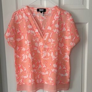 DKNY Women's Coral and White Floral Blouse